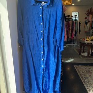 100% Linen Blue Button-Up Women's Dress 100% Lino Made in Italy